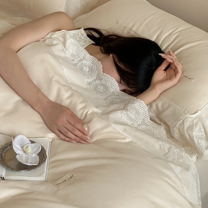 91家纺网 家纺一手货源 找家纺 小春日和 2025新款法式纯棉双层纱A类公主风四件套儿童婴幼儿被套纯色床单1.8床笠加大床单 象牙白