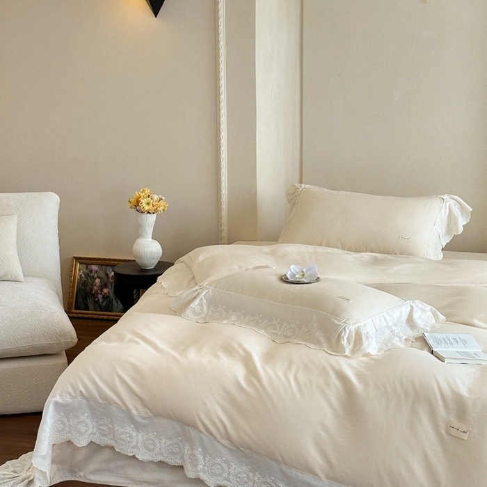 91家纺网 家纺一手货源 找家纺 小春日和 2025新款法式纯棉双层纱A类公主风四件套儿童婴幼儿被套纯色床单1.8床笠加大床单 象牙白