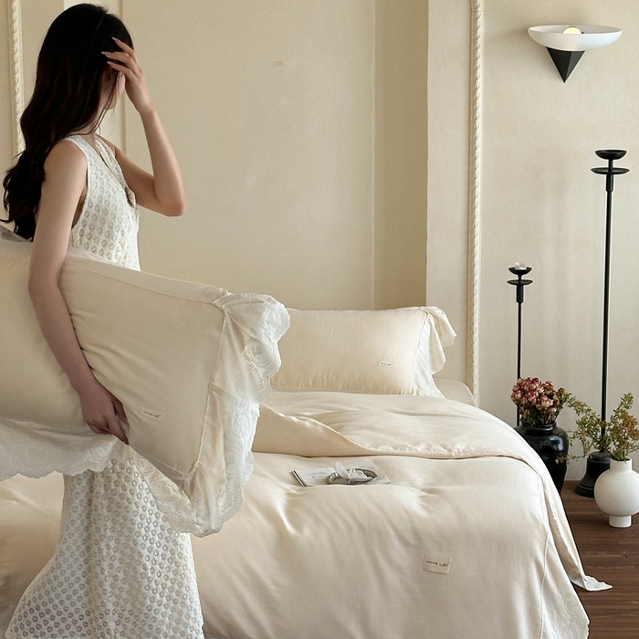 91家纺网 家纺一手货源 找家纺 小春日和 2025新款法式纯棉双层纱A类公主风四件套儿童婴幼儿被套纯色床单1.8床笠加大床单 象牙白