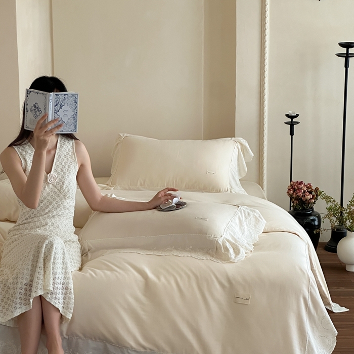 91家纺网 家纺一手货源 找家纺 小春日和 2025新款法式纯棉双层纱A类公主风四件套儿童婴幼儿被套纯色床单1.8床笠加大床单 象牙白