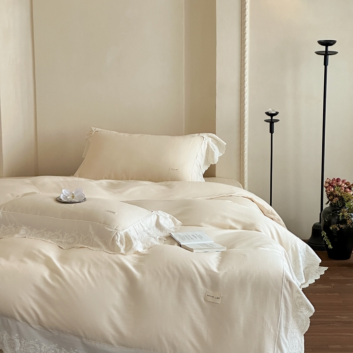 91家纺网 家纺一手货源 找家纺 小春日和 2025新款法式纯棉双层纱A类公主风四件套儿童婴幼儿被套纯色床单1.8床笠加大床单 象牙白