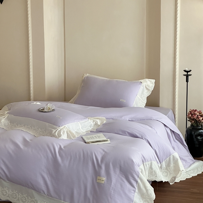 91家纺网 家纺一手货源 找家纺 小春日和 2025新款法式纯棉双层纱A类公主风四件套儿童婴幼儿被套纯色床单1.8床笠加大床单 雪青紫