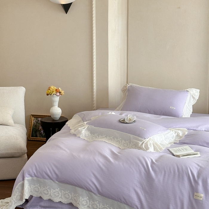 91家纺网 家纺一手货源 找家纺 小春日和 2025新款法式纯棉双层纱A类公主风四件套儿童婴幼儿被套纯色床单1.8床笠加大床单 雪青紫