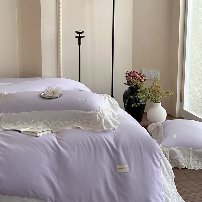 91家纺网 家纺一手货源 找家纺 小春日和 2025新款法式纯棉双层纱A类公主风四件套儿童婴幼儿被套纯色床单1.8床笠加大床单 雪青紫