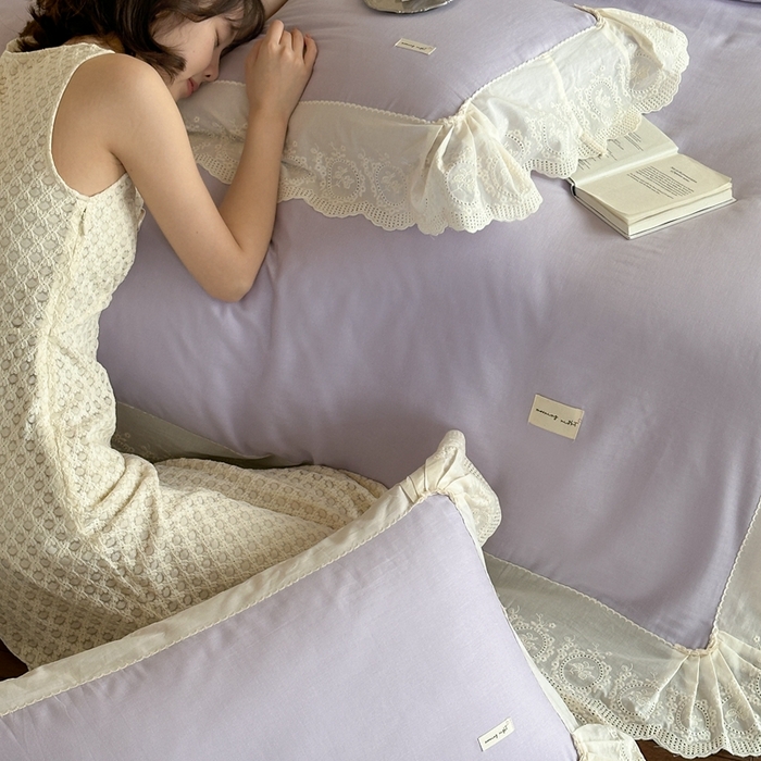 91家纺网 家纺一手货源 找家纺 小春日和 2025新款法式纯棉双层纱A类公主风四件套儿童婴幼儿被套纯色床单1.8床笠加大床单 雪青紫