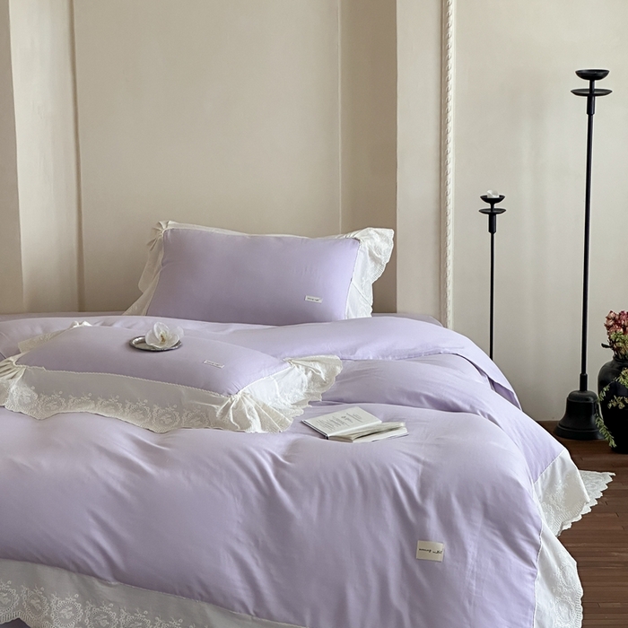 91家纺网 家纺一手货源 找家纺 小春日和 2025新款法式纯棉双层纱A类公主风四件套儿童婴幼儿被套纯色床单1.8床笠加大床单 雪青紫