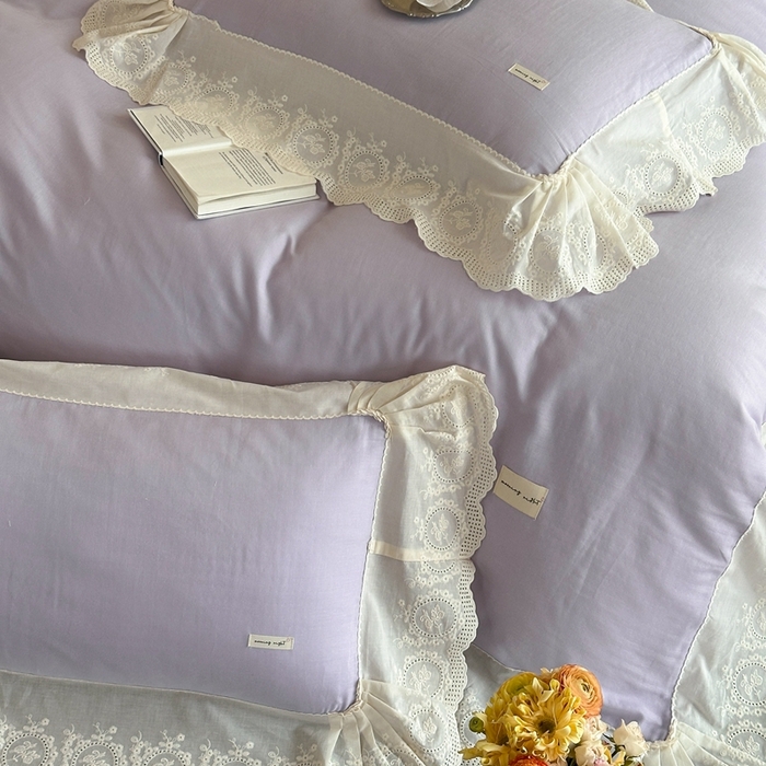 91家纺网 家纺一手货源 找家纺 小春日和 2025新款法式纯棉双层纱A类公主风四件套儿童婴幼儿被套纯色床单1.8床笠加大床单 雪青紫