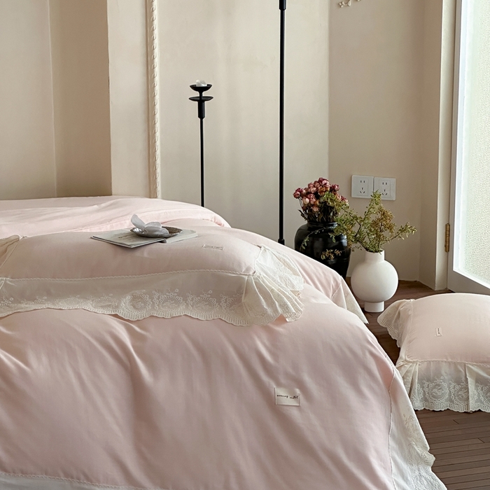 91家纺网 家纺一手货源 找家纺 小春日和 2025新款法式纯棉双层纱A类公主风四件套儿童婴幼儿被套纯色床单1.8床笠加大床单 盈盈粉