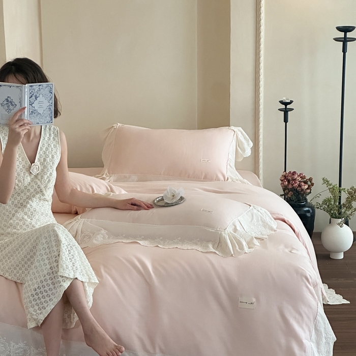 91家纺网 家纺一手货源 找家纺 小春日和 2025新款法式纯棉双层纱A类公主风四件套儿童婴幼儿被套纯色床单1.8床笠加大床单 盈盈粉