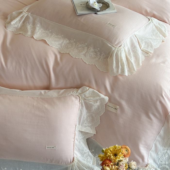 91家纺网 家纺一手货源 找家纺 小春日和 2025新款法式纯棉双层纱A类公主风四件套儿童婴幼儿被套纯色床单1.8床笠加大床单 盈盈粉