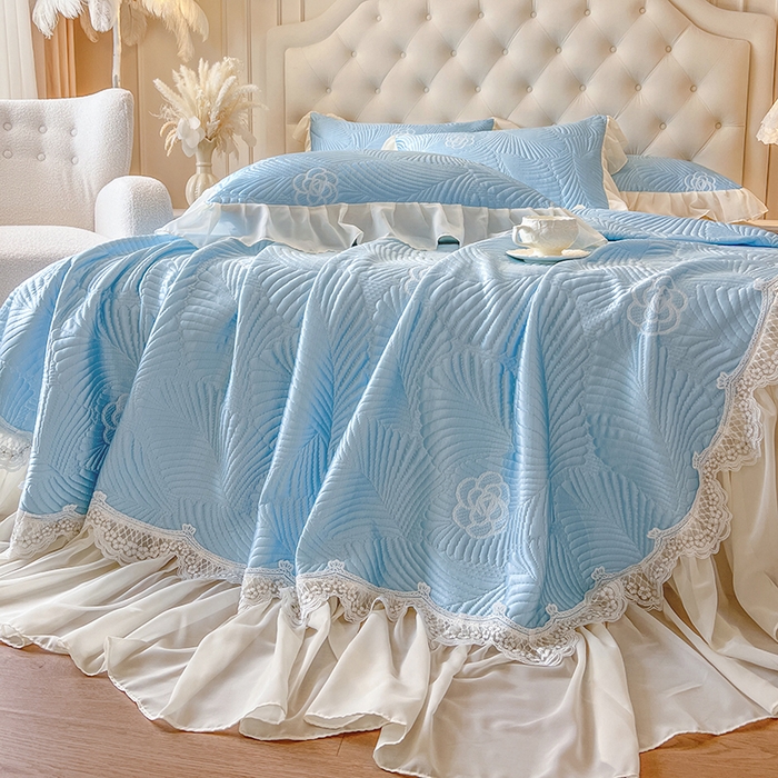 91家纺网 家纺一手货源 找家纺 网红馆（ck家纺） 2025新款床盖款豆豆席凉席席子-花叶海 花叶海-蓝色