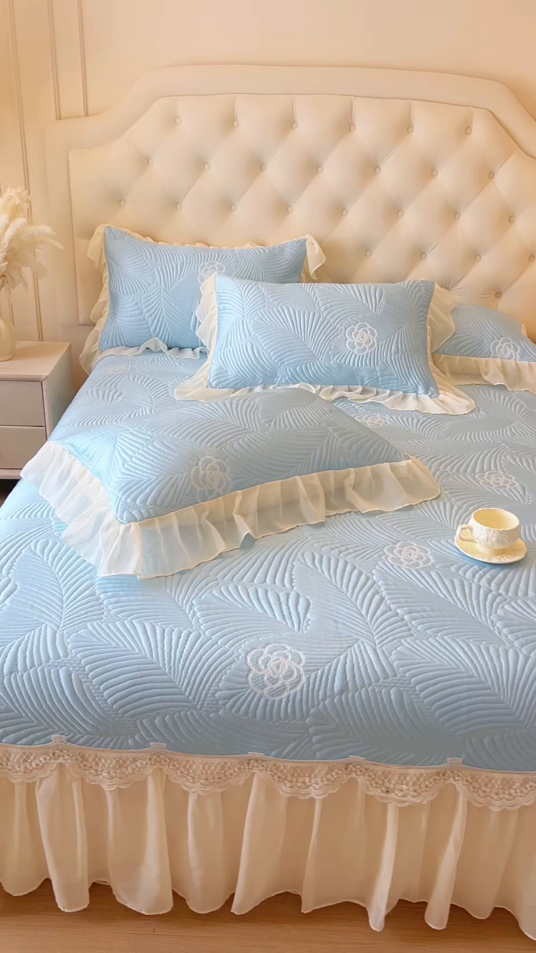 91家纺网 家纺一手货源 找家纺 网红馆（ck家纺） 2025新款床盖款豆豆席凉席席子-花叶海 花叶海-蓝色