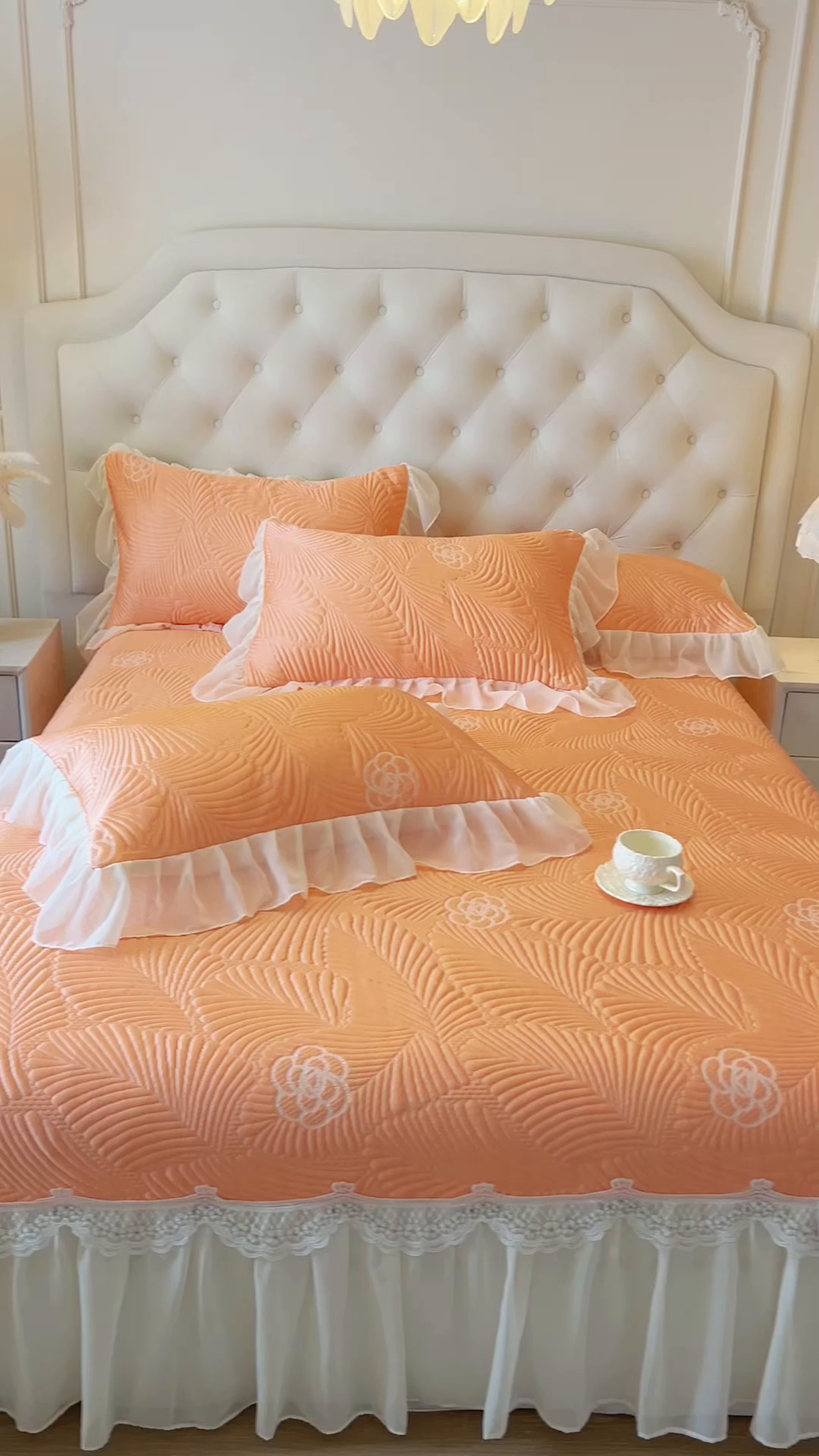 91家纺网 家纺一手货源 找家纺 网红馆（ck家纺） 2025新款床盖款豆豆席凉席席子-花叶海 花叶海-橘色