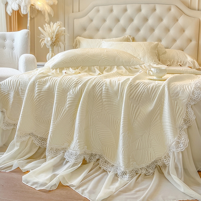 91家纺网 家纺一手货源 找家纺 网红馆（ck家纺） 2025新款床盖款豆豆席凉席席子-花叶海 花叶海-米色