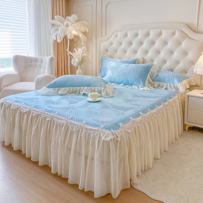 91家纺网 家纺一手货源 找家纺 网红馆（ck家纺） 2025新款床笠款床裙豆豆席凉席席子-花叶海 花叶海-蓝色