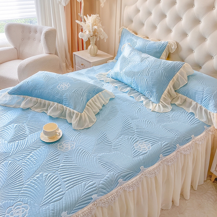 91家纺网 家纺一手货源 找家纺 网红馆（ck家纺） 2025新款床笠款床裙豆豆席凉席席子-花叶海 花叶海-蓝色