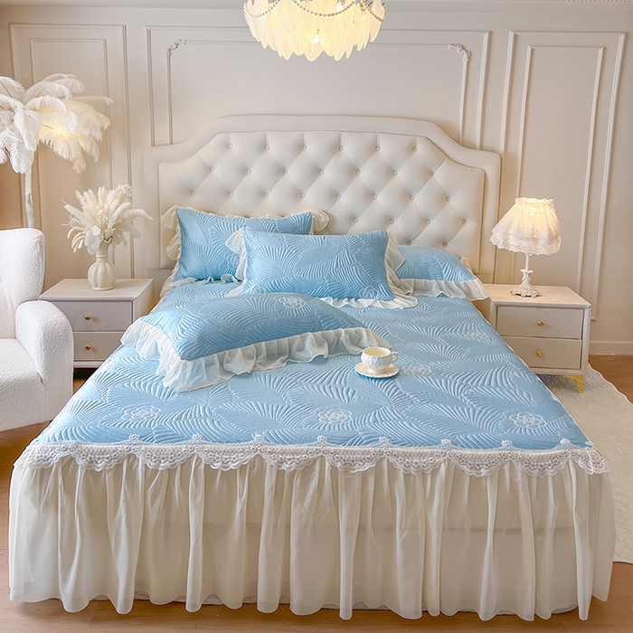 91家纺网 家纺一手货源 找家纺 网红馆（ck家纺） 2025新款床笠款床裙豆豆席凉席席子-花叶海 花叶海-蓝色