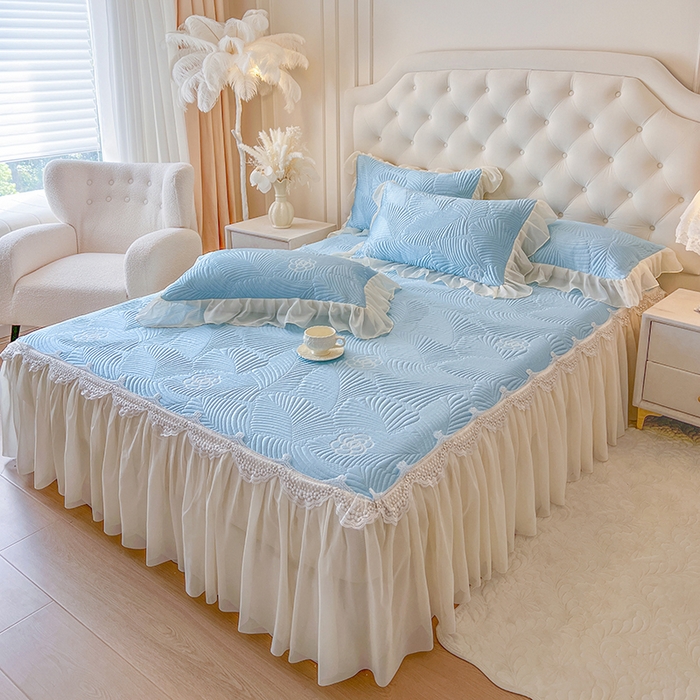 91家纺网 家纺一手货源 找家纺 网红馆（ck家纺） 2025新款床笠款床裙豆豆席凉席席子-花叶海 花叶海-蓝色