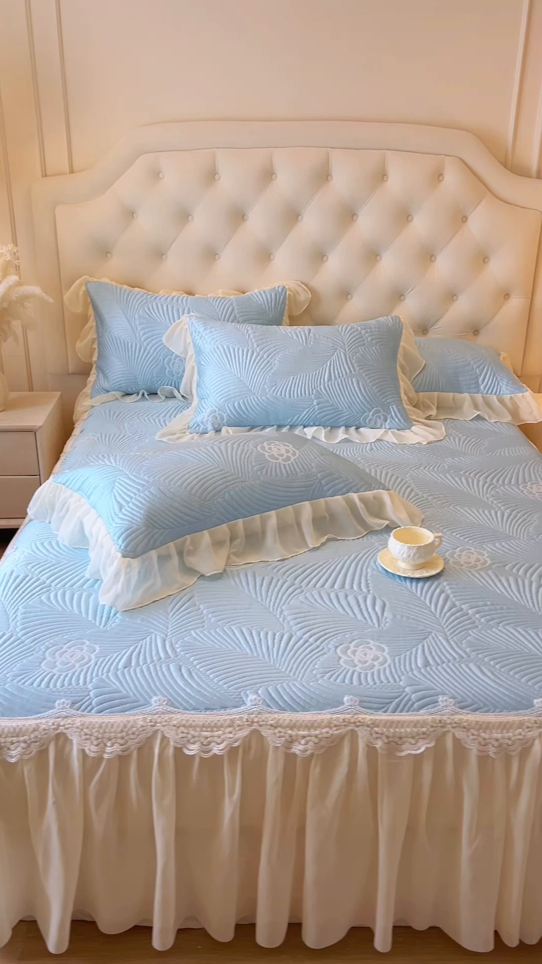 91家纺网 家纺一手货源 找家纺 网红馆（ck家纺） 2025新款床笠款床裙豆豆席凉席席子-花叶海 花叶海-蓝色