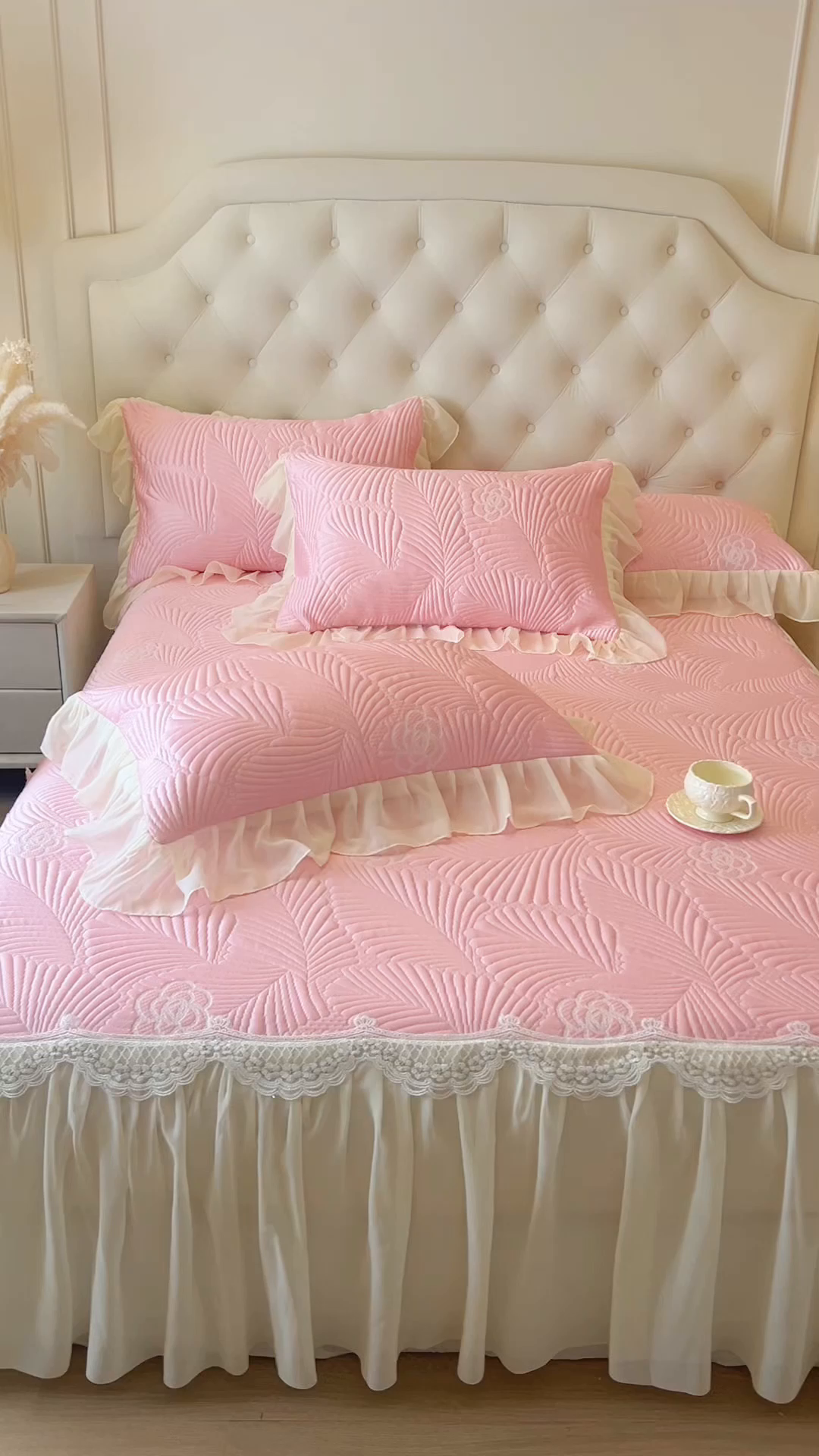 91家纺网 家纺一手货源 找家纺 网红馆（ck家纺） 2025新款床笠款床裙豆豆席凉席席子-花叶海 花叶海-粉色