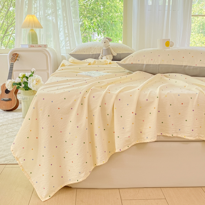 91家纺网 家纺一手货源 找家纺 梦初语 2025夏季直播爆款A类水洗棉皱皱纱双层纱床单学生宿舍三件套 彩虹波点