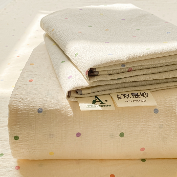 91家纺网 家纺一手货源 找家纺 梦初语 2025夏季直播爆款A类水洗棉皱皱纱双层纱床单学生宿舍三件套 彩虹波点