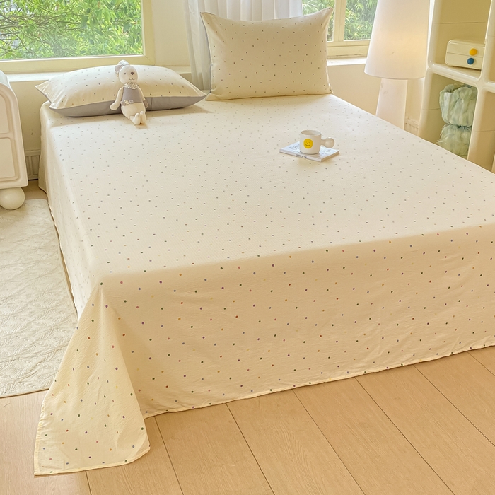 91家纺网 家纺一手货源 找家纺 梦初语 2025夏季直播爆款A类水洗棉皱皱纱双层纱床单学生宿舍三件套 彩虹波点