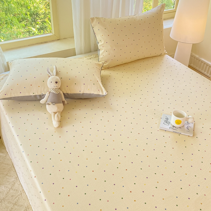 91家纺网 家纺一手货源 找家纺 梦初语 2025夏季直播爆款A类水洗棉皱皱纱双层纱床单学生宿舍三件套 彩虹波点