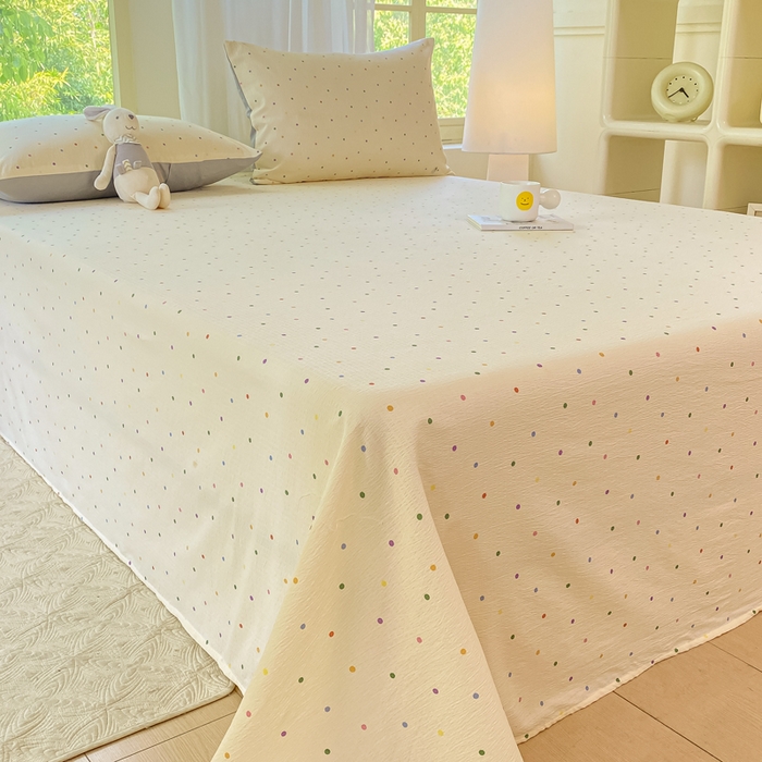 91家纺网 家纺一手货源 找家纺 梦初语 2025夏季直播爆款A类水洗棉皱皱纱双层纱床单学生宿舍三件套 彩虹波点