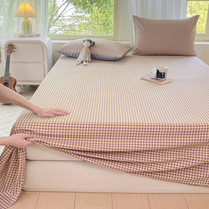 91家纺网 家纺一手货源 找家纺 梦初语 2025夏季直播爆款A类水洗棉皱皱纱双层纱床单学生宿舍三件套 典雅小格