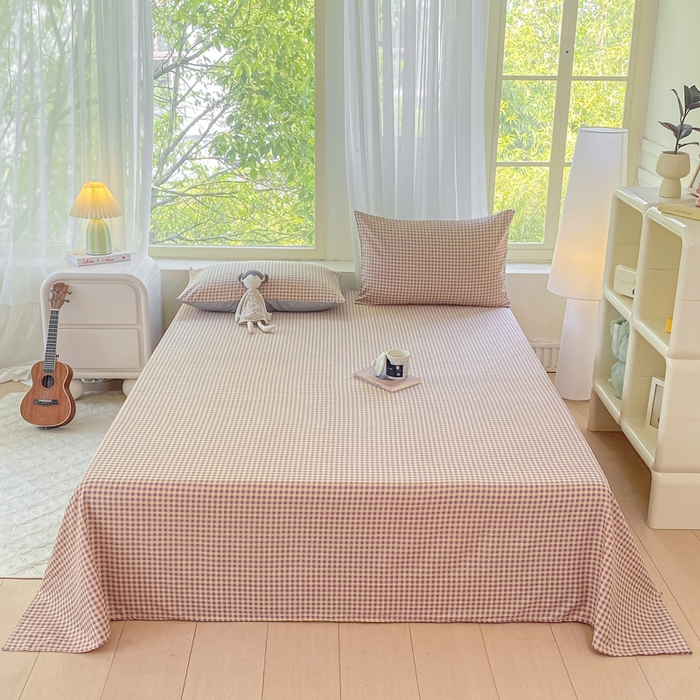 91家纺网 家纺一手货源 找家纺 梦初语 2025夏季直播爆款A类水洗棉皱皱纱双层纱床单学生宿舍三件套 典雅小格