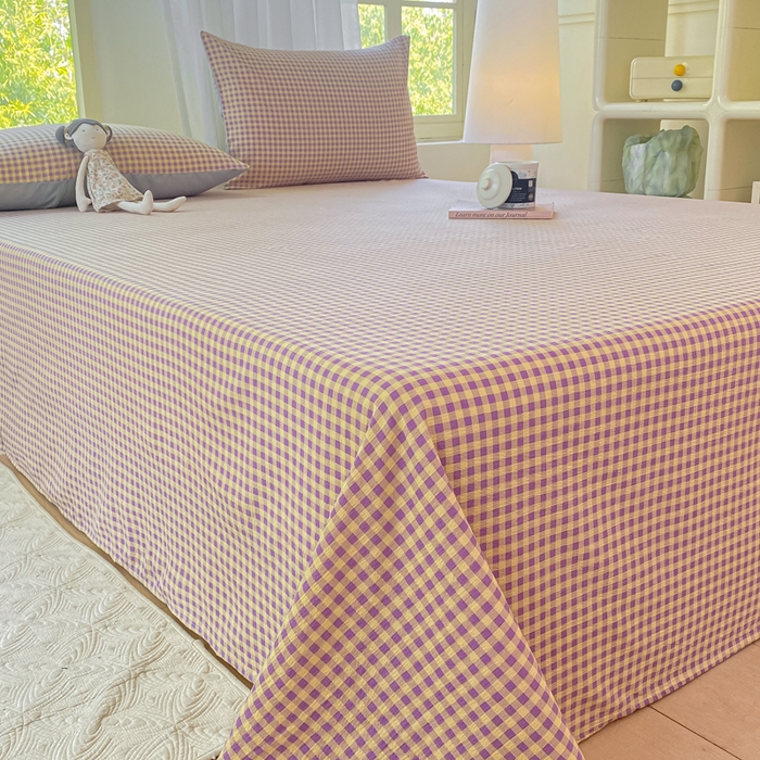 91家纺网 家纺一手货源 找家纺 梦初语 2025夏季直播爆款A类水洗棉皱皱纱双层纱床单学生宿舍三件套 典雅小格