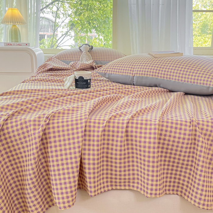 91家纺网 家纺一手货源 找家纺 梦初语 2025夏季直播爆款A类水洗棉皱皱纱双层纱床单学生宿舍三件套 典雅小格