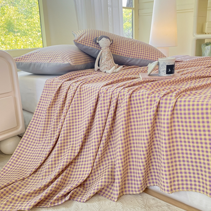 91家纺网 家纺一手货源 找家纺 梦初语 2025夏季直播爆款A类水洗棉皱皱纱双层纱床单学生宿舍三件套 典雅小格