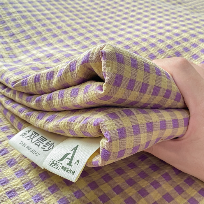 91家纺网 家纺一手货源 找家纺 梦初语 2025夏季直播爆款A类水洗棉皱皱纱双层纱床单学生宿舍三件套 典雅小格