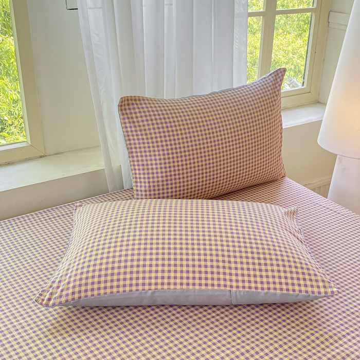 91家纺网 家纺一手货源 找家纺 梦初语 2025夏季直播爆款A类水洗棉皱皱纱双层纱床单学生宿舍三件套 典雅小格