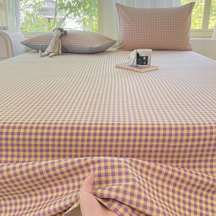 91家纺网 家纺一手货源 找家纺 梦初语 2025夏季直播爆款A类水洗棉皱皱纱双层纱床单学生宿舍三件套 典雅小格