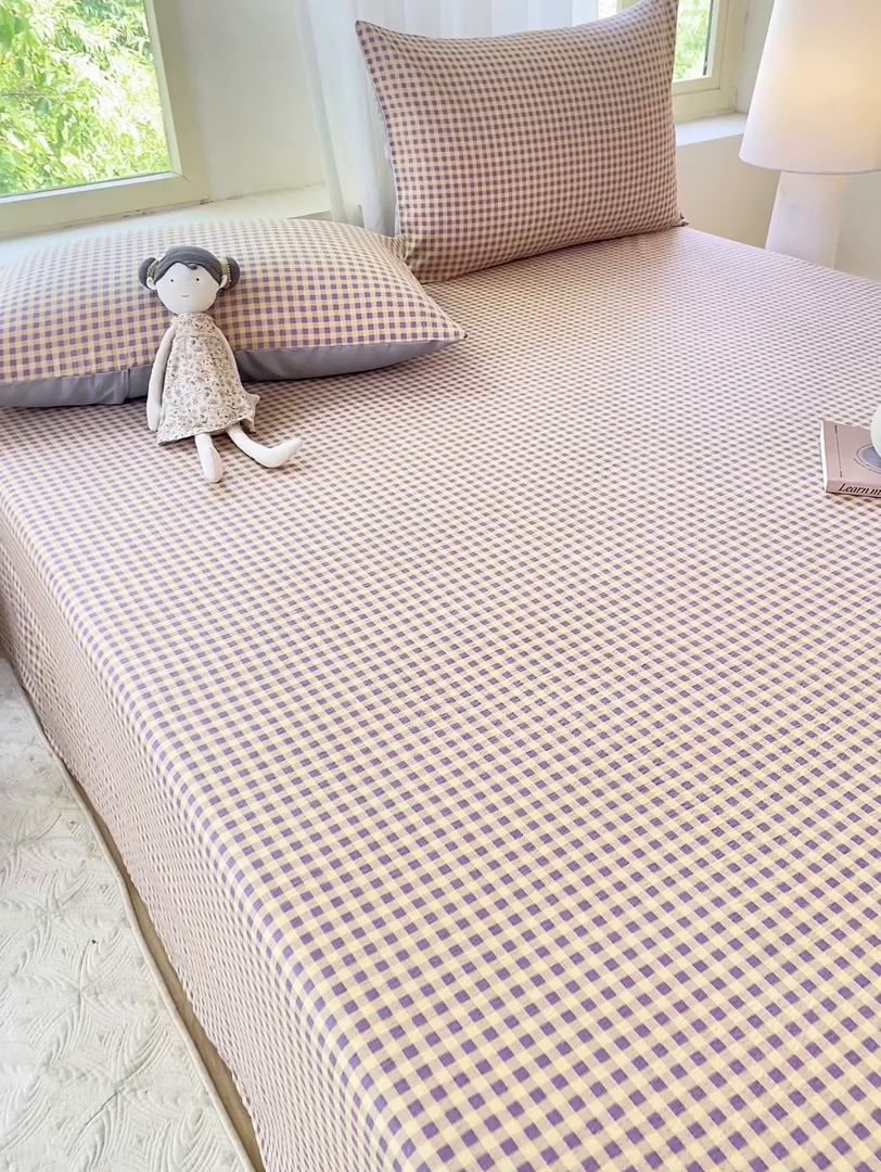 91家纺网 家纺一手货源 找家纺 梦初语 2025夏季直播爆款A类水洗棉皱皱纱双层纱床单学生宿舍三件套 典雅小格