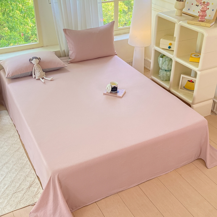 91家纺网 家纺一手货源 找家纺 梦初语 2025夏季直播爆款A类水洗棉皱皱纱双层纱床单学生宿舍三件套 豆沙