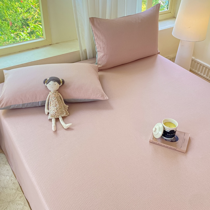 91家纺网 家纺一手货源 找家纺 梦初语 2025夏季直播爆款A类水洗棉皱皱纱双层纱床单学生宿舍三件套 豆沙