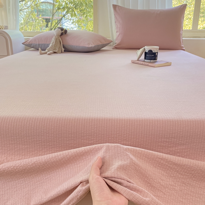 91家纺网 家纺一手货源 找家纺 梦初语 2025夏季直播爆款A类水洗棉皱皱纱双层纱床单学生宿舍三件套 豆沙