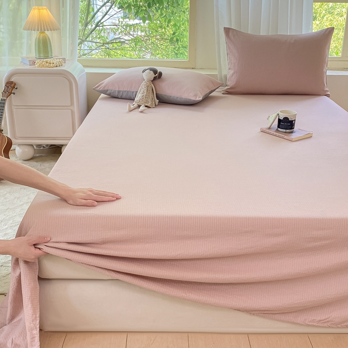 91家纺网 家纺一手货源 找家纺 梦初语 2025夏季直播爆款A类水洗棉皱皱纱双层纱床单学生宿舍三件套 豆沙