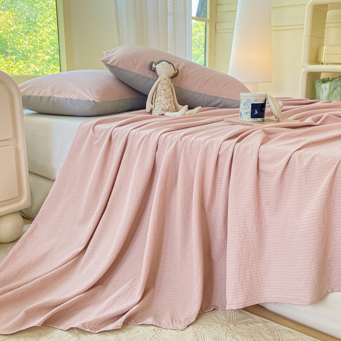 91家纺网 家纺一手货源 找家纺 梦初语 2025夏季直播爆款A类水洗棉皱皱纱双层纱床单学生宿舍三件套 豆沙