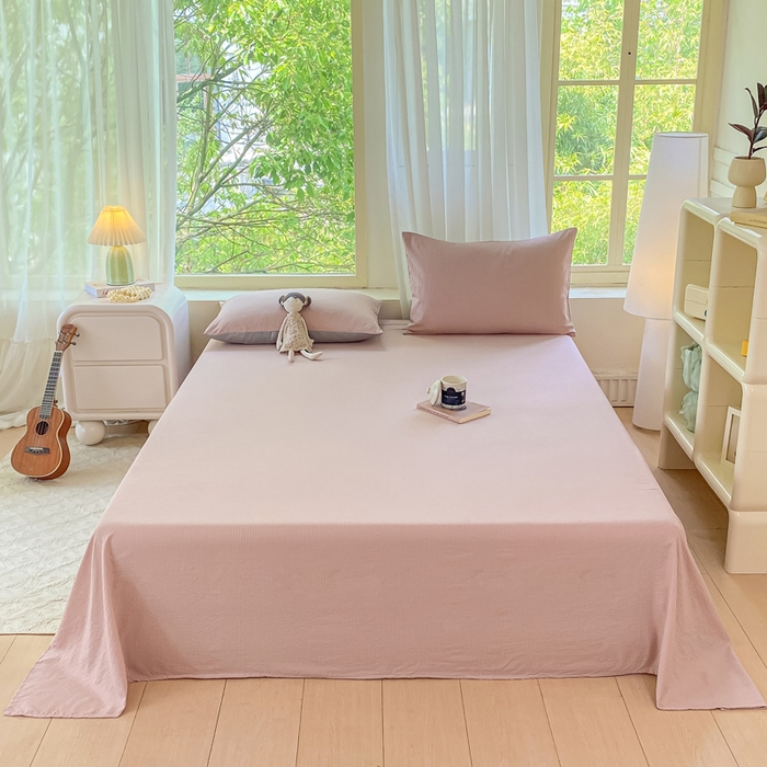 91家纺网 家纺一手货源 找家纺 梦初语 2025夏季直播爆款A类水洗棉皱皱纱双层纱床单学生宿舍三件套 豆沙