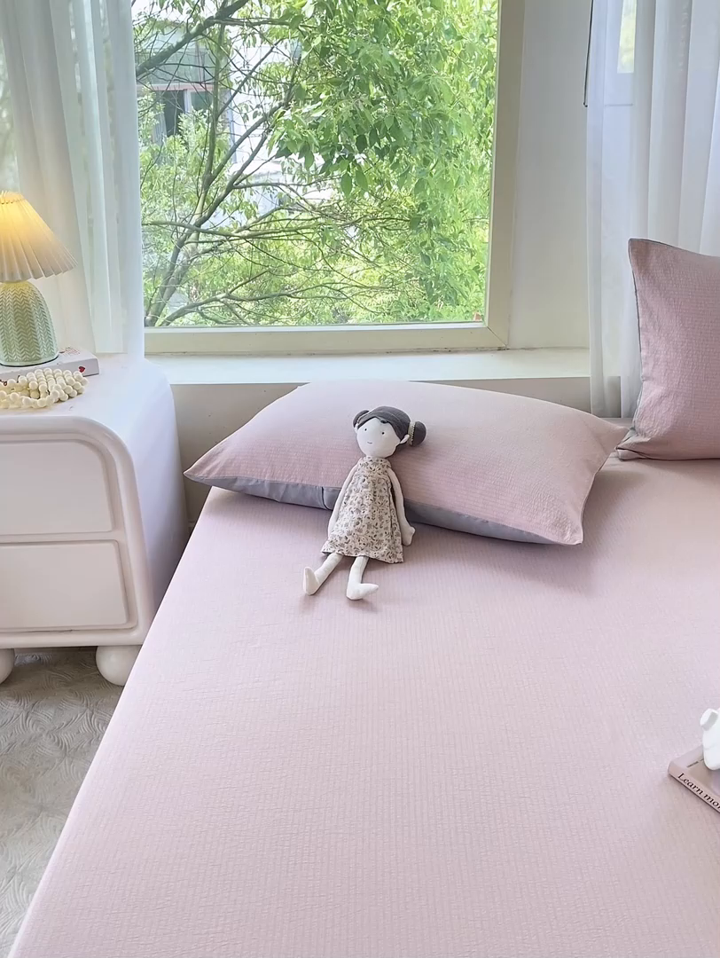 91家纺网 家纺一手货源 找家纺 梦初语 2025夏季直播爆款A类水洗棉皱皱纱双层纱床单学生宿舍三件套 豆沙