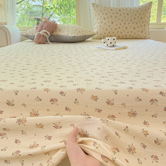 91家纺网 家纺一手货源 找家纺 梦初语 2025夏季直播爆款A类水洗棉皱皱纱双层纱床单学生宿舍三件套 繁花似锦