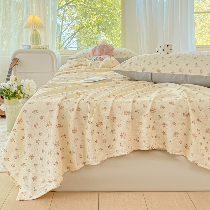 91家纺网 家纺一手货源 找家纺 梦初语 2025夏季直播爆款A类水洗棉皱皱纱双层纱床单学生宿舍三件套 繁花似锦