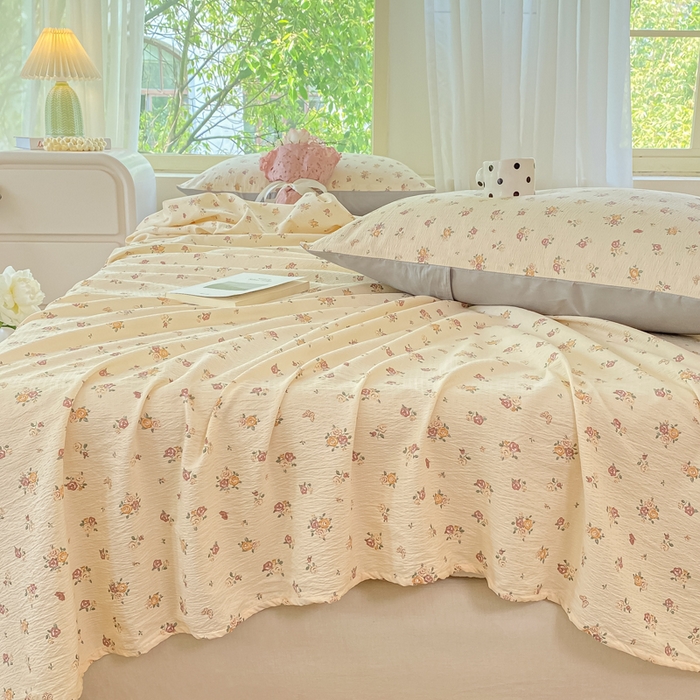 91家纺网 家纺一手货源 找家纺 梦初语 2025夏季直播爆款A类水洗棉皱皱纱双层纱床单学生宿舍三件套 繁花似锦