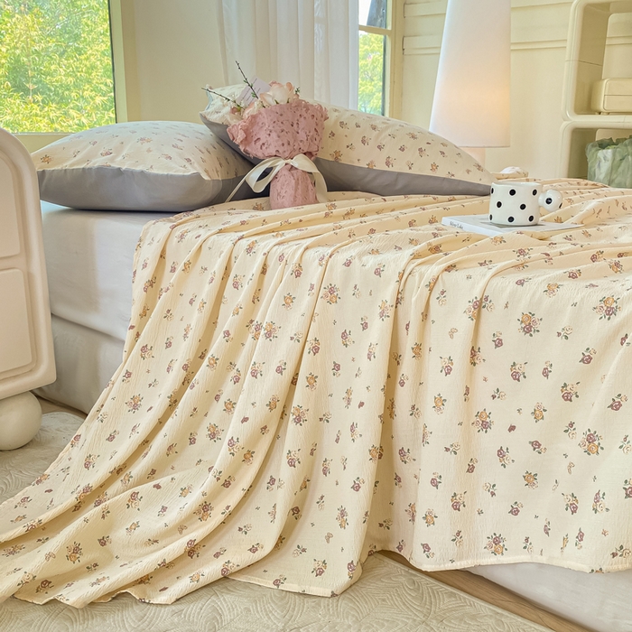 91家纺网 家纺一手货源 找家纺 梦初语 2025夏季直播爆款A类水洗棉皱皱纱双层纱床单学生宿舍三件套 繁花似锦