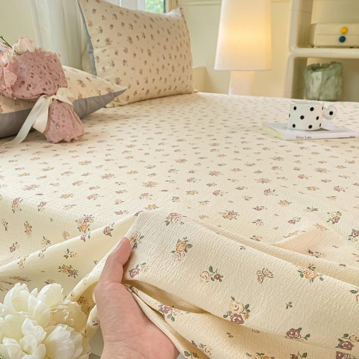 91家纺网 家纺一手货源 找家纺 梦初语 2025夏季直播爆款A类水洗棉皱皱纱双层纱床单学生宿舍三件套 繁花似锦